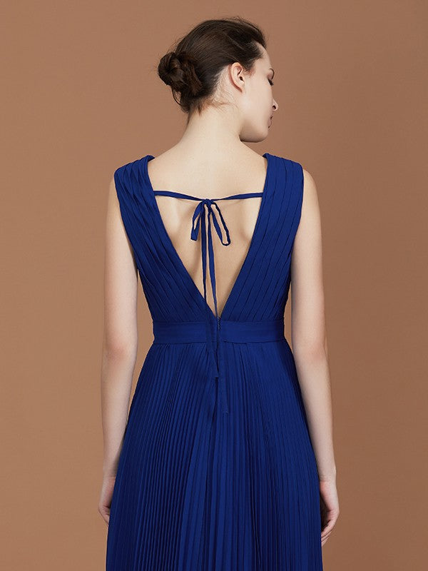 A-Line/Princess V-neck Sleeveless Pleated Floor-Length Chiffon Bridesmaid Dress Evening Prom Dress