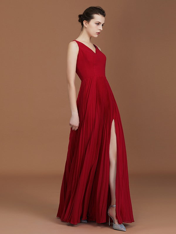 A-Linie/Princess-Linie Ärmellos Gerafft V-Ausschnitt Bodenlang Chiffon Brautjungfernkleider Kleid für Hochzeitsgäste