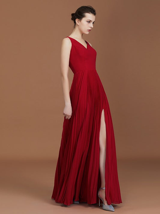 Vestido de dama de honor de gasa con corte A/princesa, sin mangas, fruncido, escote en V, largo hasta el suelo, para invitada de boda