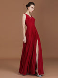 A-Linie/Princess-Linie Ärmellos Gerafft V-Ausschnitt Bodenlang Chiffon Brautjungfernkleider Kleid für Hochzeitsgäste