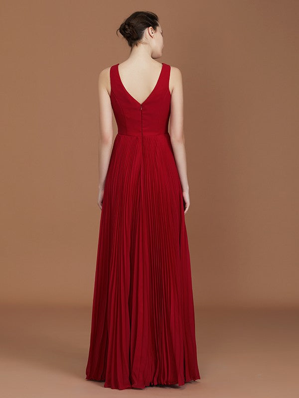 A-Linie/Princess-Linie Ärmellos Gerafft V-Ausschnitt Bodenlang Chiffon Brautjungfernkleider Kleid für Hochzeitsgäste