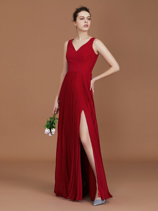 A-Linie/Princess-Linie Ärmellos Gerafft V-Ausschnitt Bodenlang Chiffon Brautjungfernkleider Kleid für Hochzeitsgäste