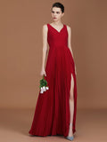 A-Linie/Princess-Linie Ärmellos Gerafft V-Ausschnitt Bodenlang Chiffon Brautjungfernkleider Kleid für Hochzeitsgäste