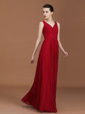 A-Linie/Princess-Linie Ärmellos Gerafft V-Ausschnitt Bodenlang Chiffon Brautjungfernkleider Kleid für Hochzeitsgäste