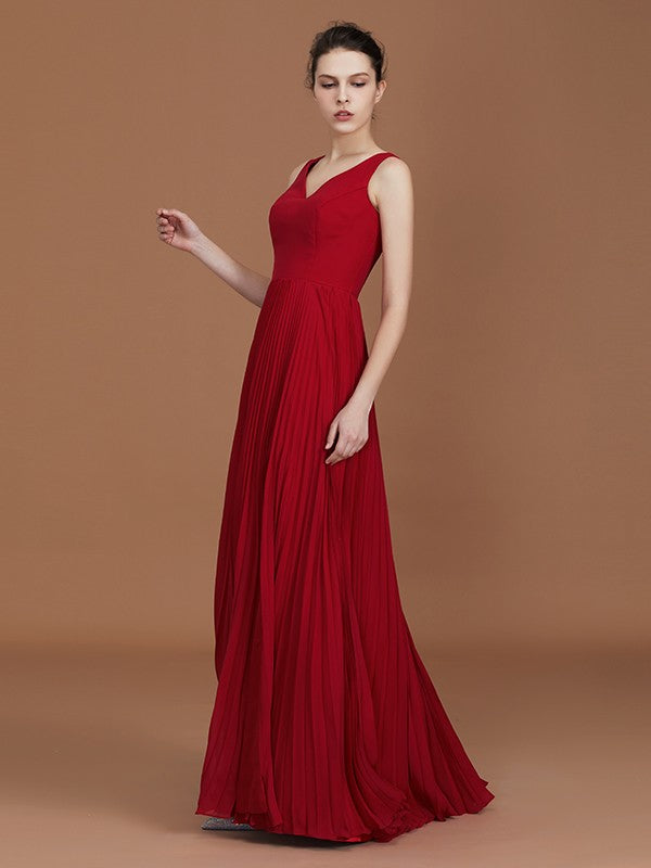 A-Linie/Princess-Linie Ärmellos Gerafft V-Ausschnitt Bodenlang Chiffon Brautjungfernkleider Kleid für Hochzeitsgäste
