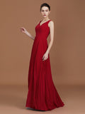 A-Line/Princess Sleeveless Ruched V-neck Floor-Length Chiffon Bridesmaid Dresses Evening Prom Dress