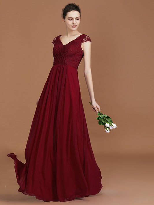 A-Line/Princess Lace Short Sleeves Chiffon Ruched V-neck Floor-Length Bridesmaid Dresses Formal Evening Dress