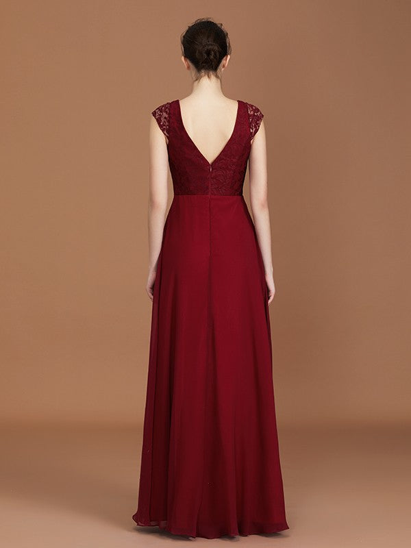 A-Line/Princess Lace Short Sleeves Chiffon Ruched V-neck Floor-Length Bridesmaid Dresses Formal Evening Dress