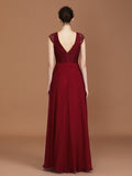 A-Line/Princess Lace Short Sleeves Chiffon Ruched V-neck Floor-Length Bridesmaid Dresses Formal Evening Dress