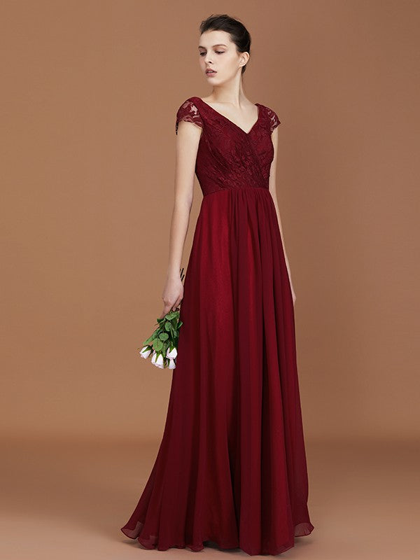 A-Line/Princess Lace Short Sleeves Chiffon Ruched V-neck Floor-Length Bridesmaid Dresses Formal Evening Dress