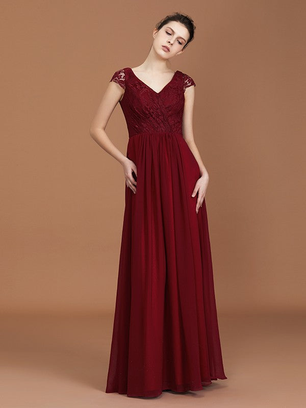 A-Line/Princess Lace Short Sleeves Chiffon Ruched V-neck Floor-Length Bridesmaid Dresses Formal Evening Dress