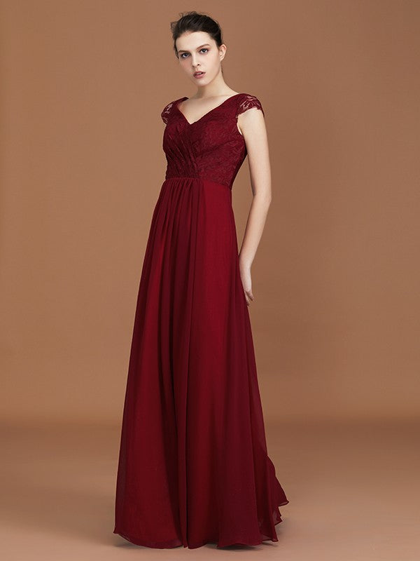 A-Line/Princess Lace Short Sleeves Chiffon Ruched V-neck Floor-Length Bridesmaid Dresses Formal Evening Dress