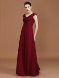 A-Line/Princess Lace Short Sleeves Chiffon Ruched V-neck Floor-Length Bridesmaid Dresses Formal Evening Dress