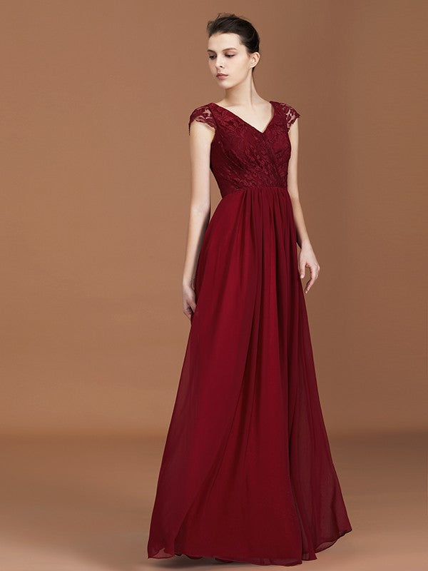 A-Line/Princess Lace Short Sleeves Chiffon Ruched V-neck Floor-Length Bridesmaid Dresses Formal Evening Dress