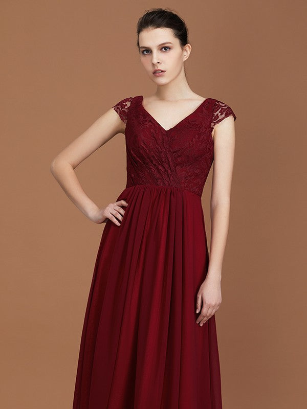 A-Line/Princess Lace Short Sleeves Chiffon Ruched V-neck Floor-Length Bridesmaid Dresses Formal Evening Dress
