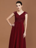 A-Line/Princess Lace Short Sleeves Chiffon Ruched V-neck Floor-Length Bridesmaid Dresses Formal Evening Dress