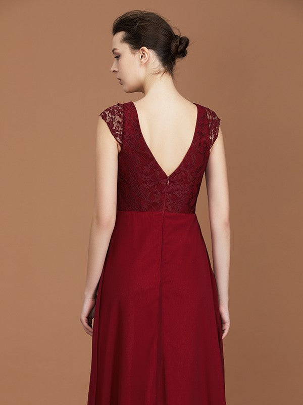 A-Line/Princess Lace Short Sleeves Chiffon Ruched V-neck Floor-Length Bridesmaid Dresses Formal Evening Dress