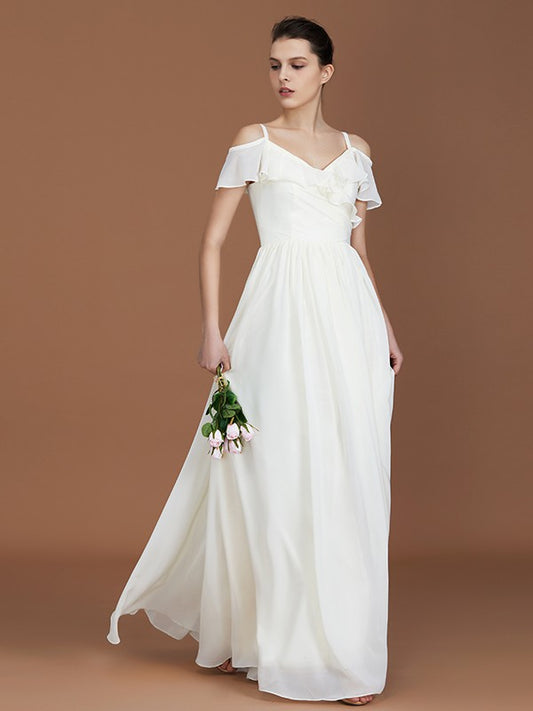A-Line/Princess Short Sleeves Spaghetti Straps Ruched V-neck Floor-Length Chiffon Bridesmaid Dresses Evening Prom Dress