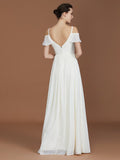 A-Line/Princess Short Sleeves Spaghetti Straps Ruched V-neck Floor-Length Chiffon Bridesmaid Dresses Evening Prom Dress
