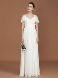 A-Line/Princess Short Sleeves Spaghetti Straps Ruched V-neck Floor-Length Chiffon Bridesmaid Dresses Evening Prom Dress