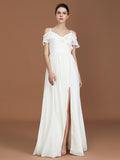A-Line/Princess Short Sleeves Spaghetti Straps Ruched V-neck Floor-Length Chiffon Bridesmaid Dresses Evening Prom Dress