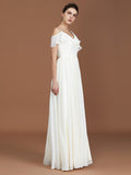 A-Line/Princess Short Sleeves Spaghetti Straps Ruched V-neck Floor-Length Chiffon Bridesmaid Dresses Evening Prom Dress