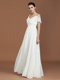 A-Line/Princess Short Sleeves Spaghetti Straps Ruched V-neck Floor-Length Chiffon Bridesmaid Dresses Evening Prom Dress