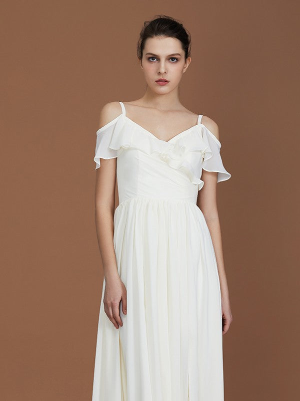 A-Line/Princess Short Sleeves Spaghetti Straps Ruched V-neck Floor-Length Chiffon Bridesmaid Dresses Evening Prom Dress