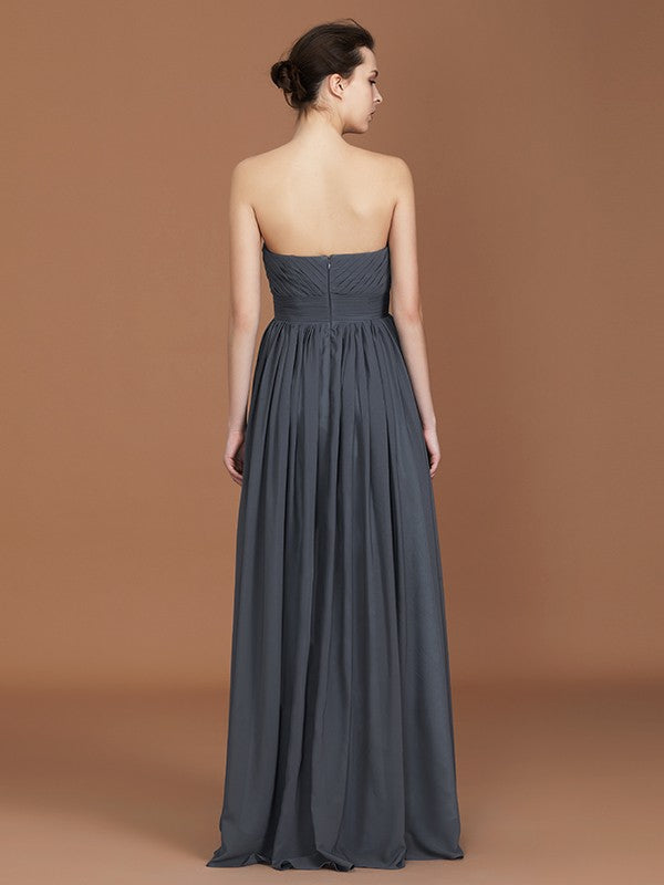 A-Line/Princess Asymmetrical Sleeveless Ruched Sweetheart Floor-Length Chiffon Bridesmaid Dresses Evening Prom Dress