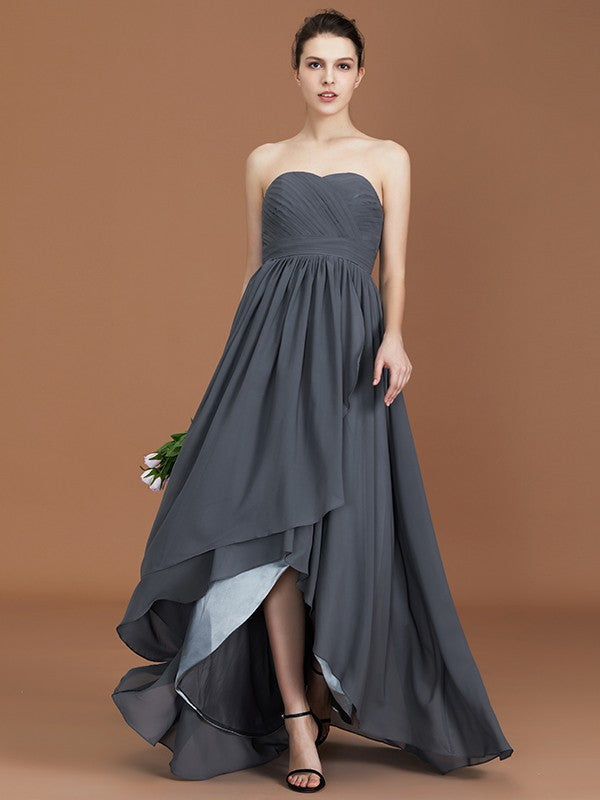 A-Line/Princess Asymmetrical Sleeveless Ruched Sweetheart Floor-Length Chiffon Bridesmaid Dresses Evening Prom Dress