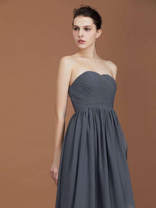 A-Line/Princess Asymmetrical Sleeveless Ruched Sweetheart Floor-Length Chiffon Bridesmaid Dresses Evening Prom Dress