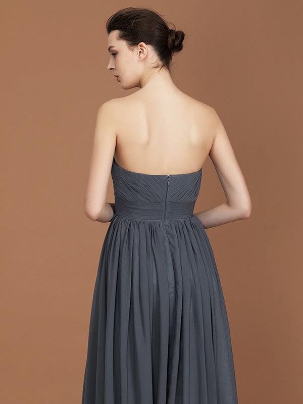 A-Line/Princess Asymmetrical Sleeveless Ruched Sweetheart Floor-Length Chiffon Bridesmaid Dresses Evening Prom Dress