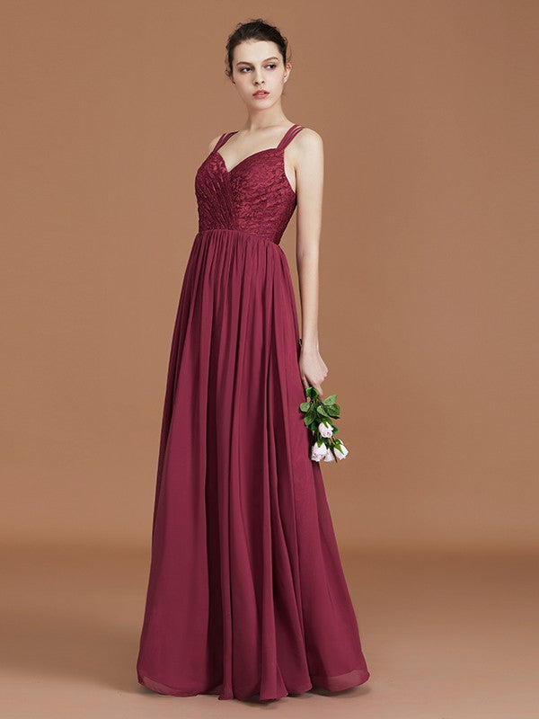 A-Line/Princess Lace Sweetheart Chiffon Ruched Floor-Length Bridesmaid Dresses Evening Prom Dress