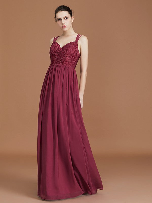 A-Line/Princess Lace Sweetheart Chiffon Ruched Floor-Length Bridesmaid Dresses Evening Prom Dress