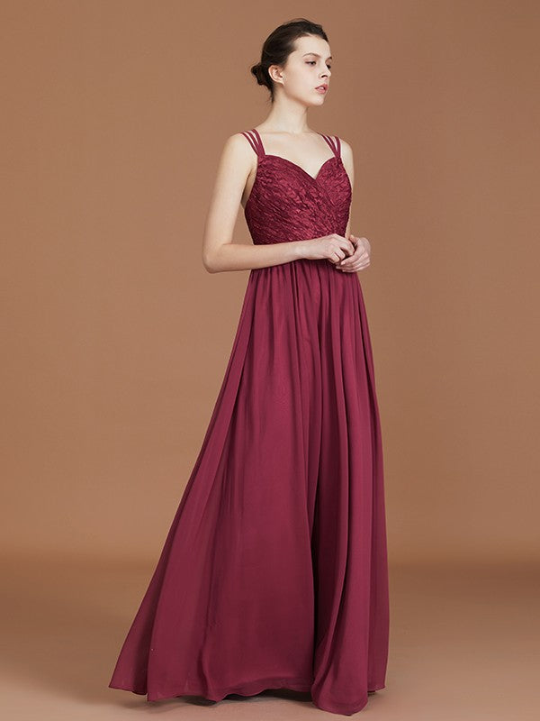 A-Line/Princess Lace Sweetheart Chiffon Ruched Floor-Length Bridesmaid Dresses Evening Prom Dress