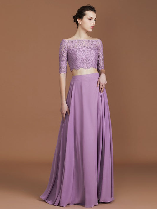 Vestido de dama de honor de gasa con corte A/princesa, hombros descubiertos, mangas 1/2 y largo hasta el suelo, para fiesta de noche y madre de la novia.