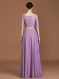 Vestido de dama de honor de gasa con corte A/princesa, hombros descubiertos, mangas 1/2 y largo hasta el suelo, para fiesta de noche y madre de la novia.