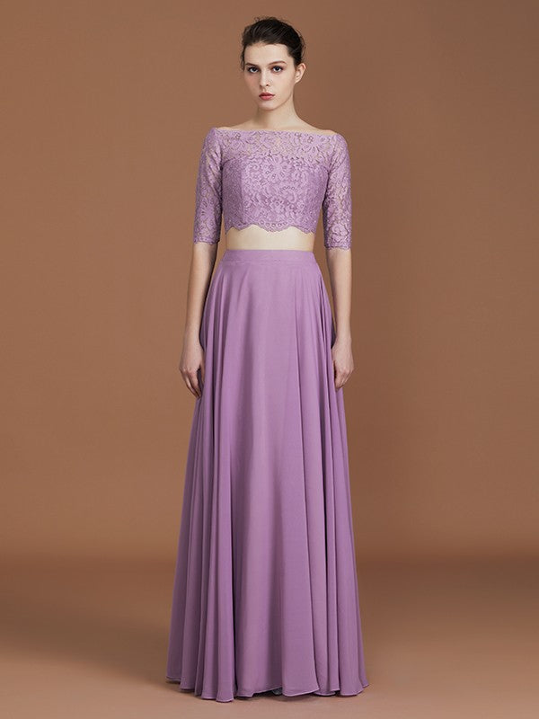 Vestido de dama de honor de gasa con corte A/princesa, hombros descubiertos, mangas 1/2 y largo hasta el suelo, para fiesta de noche y madre de la novia.