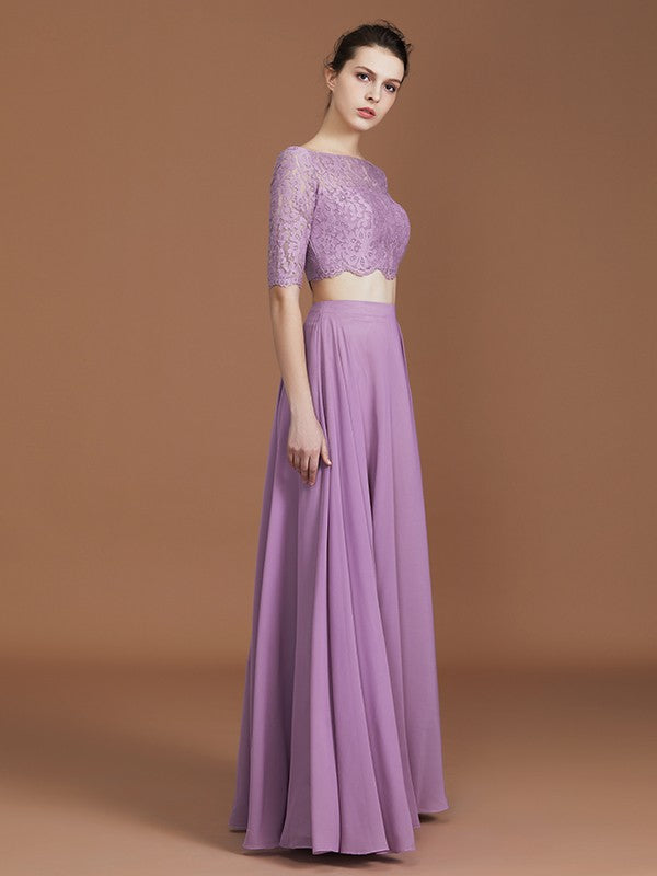 Vestido de dama de honor de gasa con corte A/princesa, hombros descubiertos, mangas 1/2 y largo hasta el suelo, para fiesta de noche y madre de la novia.