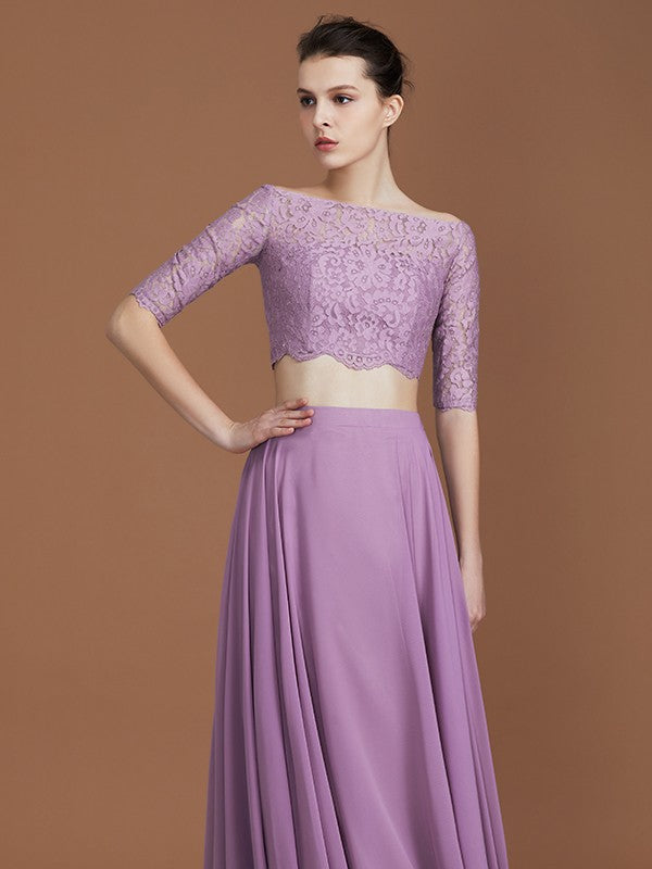 Vestido de dama de honor de gasa con corte A/princesa, hombros descubiertos, mangas 1/2 y largo hasta el suelo, para fiesta de noche y madre de la novia.