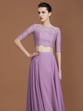 Vestido de dama de honor de gasa con corte A/princesa, hombros descubiertos, mangas 1/2 y largo hasta el suelo, para fiesta de noche y madre de la novia.