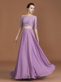 Vestido de dama de honor de gasa con corte A/princesa, hombros descubiertos, mangas 1/2 y largo hasta el suelo, para fiesta de noche y madre de la novia.