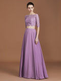 Vestido de dama de honor de gasa con corte A/princesa, hombros descubiertos, mangas 1/2 y largo hasta el suelo, para fiesta de noche y madre de la novia.