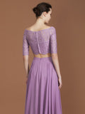 Vestido de dama de honor de gasa con corte A/princesa, hombros descubiertos, mangas 1/2 y largo hasta el suelo, para fiesta de noche y madre de la novia.