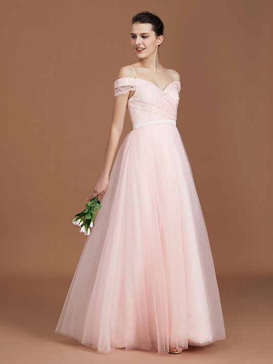 A-Line/Princess Short Sleeves Lace Spaghetti Straps Ruched Sweetheart Floor-Length Tulle Bridesmaid Dresses Evening Prom Dress