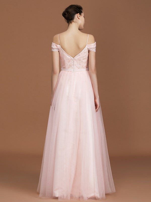 A-Line/Princess Short Sleeves Lace Spaghetti Straps Ruched Sweetheart Floor-Length Tulle Bridesmaid Dresses Evening Prom Dress