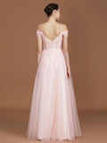 A-Line/Princess Short Sleeves Lace Spaghetti Straps Ruched Sweetheart Floor-Length Tulle Bridesmaid Dresses Evening Prom Dress