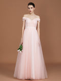 A-Line/Princess Short Sleeves Lace Spaghetti Straps Ruched Sweetheart Floor-Length Tulle Bridesmaid Dresses Evening Prom Dress