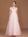 A-Line/Princess Short Sleeves Lace Spaghetti Straps Ruched Sweetheart Floor-Length Tulle Bridesmaid Dresses Evening Prom Dress