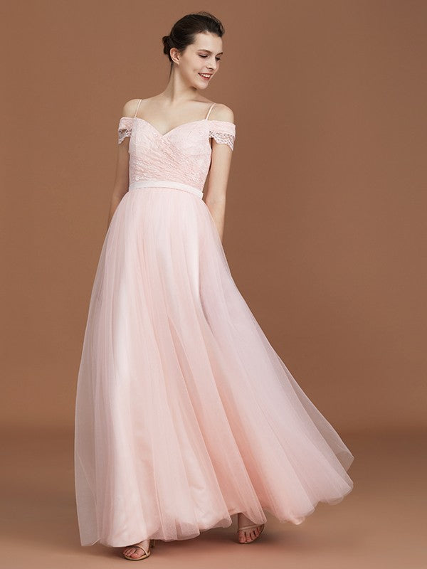 A-Line/Princess Short Sleeves Lace Spaghetti Straps Ruched Sweetheart Floor-Length Tulle Bridesmaid Dresses Evening Prom Dress